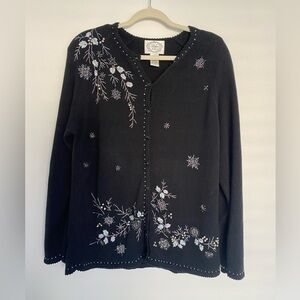 Stitches in Time Sweater Medium Black Embroidered‎ Embellished Floral Cardigan